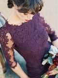 Half Sleeves Mermaid Long Purple Lace Open Back Bridesmaid Dress HZ0509