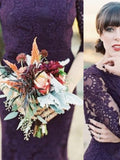 Half Sleeves Mermaid Long Purple Lace Open Back Bridesmaid Dress HZ0509