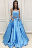 Piece A Line Strapless Blue Prom Dress with Pockets Beading HZ0509