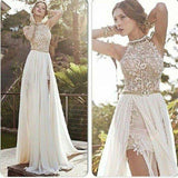 Sexy High Neck Lace Bodice Beach Wedding Dress,Ivory Chiffon Prom Dress HZ0509
