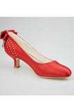 Red Satin Beading Low Heel Close Toe Women Shoes HZ0509