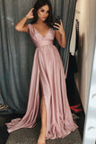 A-Line V-Neck Sweep Train Pink Prom Dress with Pleats Split HZ0509