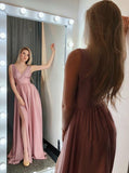 A-Line V-Neck Sweep Train Pink Prom Dress with Pleats Split HZ0509
