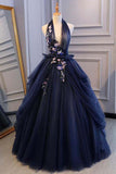 Ball Gown Dark Blue Tulle Halter Prom Dresses Deep V Neck Backless Evening Dresses HZ0509