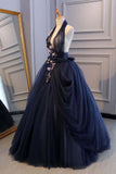 Ball Gown Dark Blue Tulle Halter Prom Dresses Deep V Neck Backless Evening Dresses HZ0509