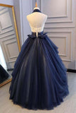 Ball Gown Dark Blue Tulle Halter Prom Dresses Deep V Neck Backless Evening Dresses HZ0509