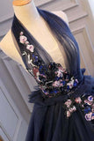 Ball Gown Dark Blue Tulle Halter Prom Dresses Deep V Neck Backless Evening Dresses HZ0509