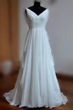 White A-line V-neck Backless Sweep Train Chiffon Cheap Beach Wedding Dresses HZ0509