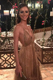 Sequin Long Prom Dress Spaghetti V Neck Backless Evening Dress HZ0509
