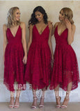 Blue/Pink Deep V-neck Spaghetti Straps Sleeveless Asymmetry Lace A-line Bridesmaid Dress HZ0509