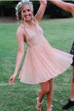 V Neck A Line Blush Chiffon Straps Homecoming Dresses HZ0509