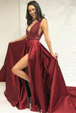 Burgundy Beaded Slit Skirt Evening Dress, Graduation School Party Gown HZ0509