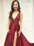 Burgundy Beaded Slit Skirt Evening Dress, Graduation School Party Gown HZ0509