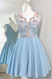 V-Neck A Line Light Blue Short Homecoming Dress with Appliques HZ0509