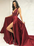 Burgundy Beaded Slit Skirt Evening Dress, Graduation School Party Gown HZ0509