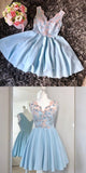 V-Neck A Line Light Blue Short Homecoming Dress with Appliques HZ0509
