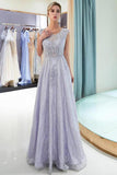 A Line Scoop Sleeveless Lavender Long Lace Prom Dress with Appliques HZ0509