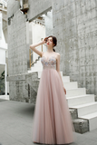 A Line Spaghetti Straps Beaded Long Tulle Prom Dresses HZ0509