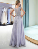 A Line Scoop Sleeveless Lavender Long Lace Prom Dress with Appliques HZ0509