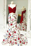 Spaghetti Straps Floral Print Red Top Prom Dresses HZ0509