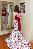 Spaghetti Straps Floral Print Red Top Prom Dresses HZ0509