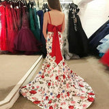 Spaghetti Straps Floral Print Red Top Prom Dresses HZ0509