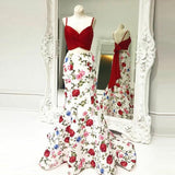 Spaghetti Straps Floral Print Red Top Prom Dresses HZ0509