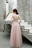 A Line Spaghetti Straps Beaded Long Tulle Prom Dresses HZ0509