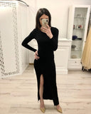 Long Sleeves Split Black Sexy Prom Dresses, Formal Evening Dresses HZ0509