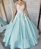Satin Appliques Long Sleeveless Ball Gown Prom Dress HZ0509