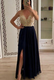 Line Chiffon Long V Neck Beading Split Prom Dresses HZ0509