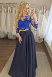 Piece 3/4 Sleeves Navy Blue Prom Dress with Royal Blue Lace HZ0509