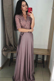 Line V-Neck Half Sleeves Purple Long Prom Dress with Lace Top HZ0509