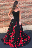 Spaghetti Straps Black Sweep Train A Line Prom Dress with Flowers HZ0509