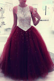Scoop Tulle Burgundy Ball Gown Prom Dress, Quinceanera Dresses HZ0509