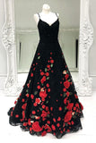 Spaghetti Straps Black Sweep Train A Line Prom Dress with Flowers HZ0509
