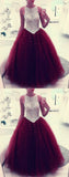 Scoop Tulle Burgundy Ball Gown Prom Dress, Quinceanera Dresses HZ0509