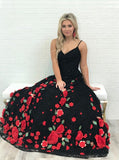Spaghetti Straps Black Sweep Train A Line Prom Dress with Flowers HZ0509