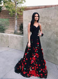 Spaghetti Straps Black Sweep Train A Line Prom Dress with Flowers HZ0509