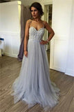 Long Spaghetti Straps Beading Tulle Gray Prom Dresses Evening Dresses HZ0509