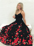 Spaghetti Straps Black Sweep Train A Line Prom Dress with Flowers HZ0509