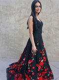 Spaghetti Straps Black Sweep Train A Line Prom Dress with Flowers HZ0509
