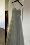 Long Spaghetti Straps Beading Tulle Gray Prom Dresses Evening Dresses HZ0509