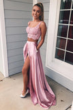 Piece Square A Line Pink Split Long Prom Dress with Lace Pockets HZ0509