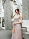 A Line Spaghetti Straps Beaded Long Tulle Prom Dresses HZ0509