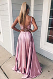Piece Square A Line Pink Split Long Prom Dress with Lace Pockets HZ0509