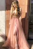 V-Neck Tulle Long Coral Prom Dress with Beading Split HZ0509