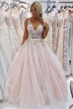 A-Line V-Neck Floor-Length Pink Tulle Prom Dress with Appliques Beading HZ0509