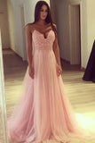 Line Spaghetti Straps Pink Tulle Long Prom Dress HZ0509