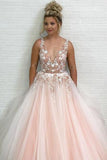 A-Line V-Neck Floor-Length Pink Tulle Prom Dress with Appliques Beading HZ0509